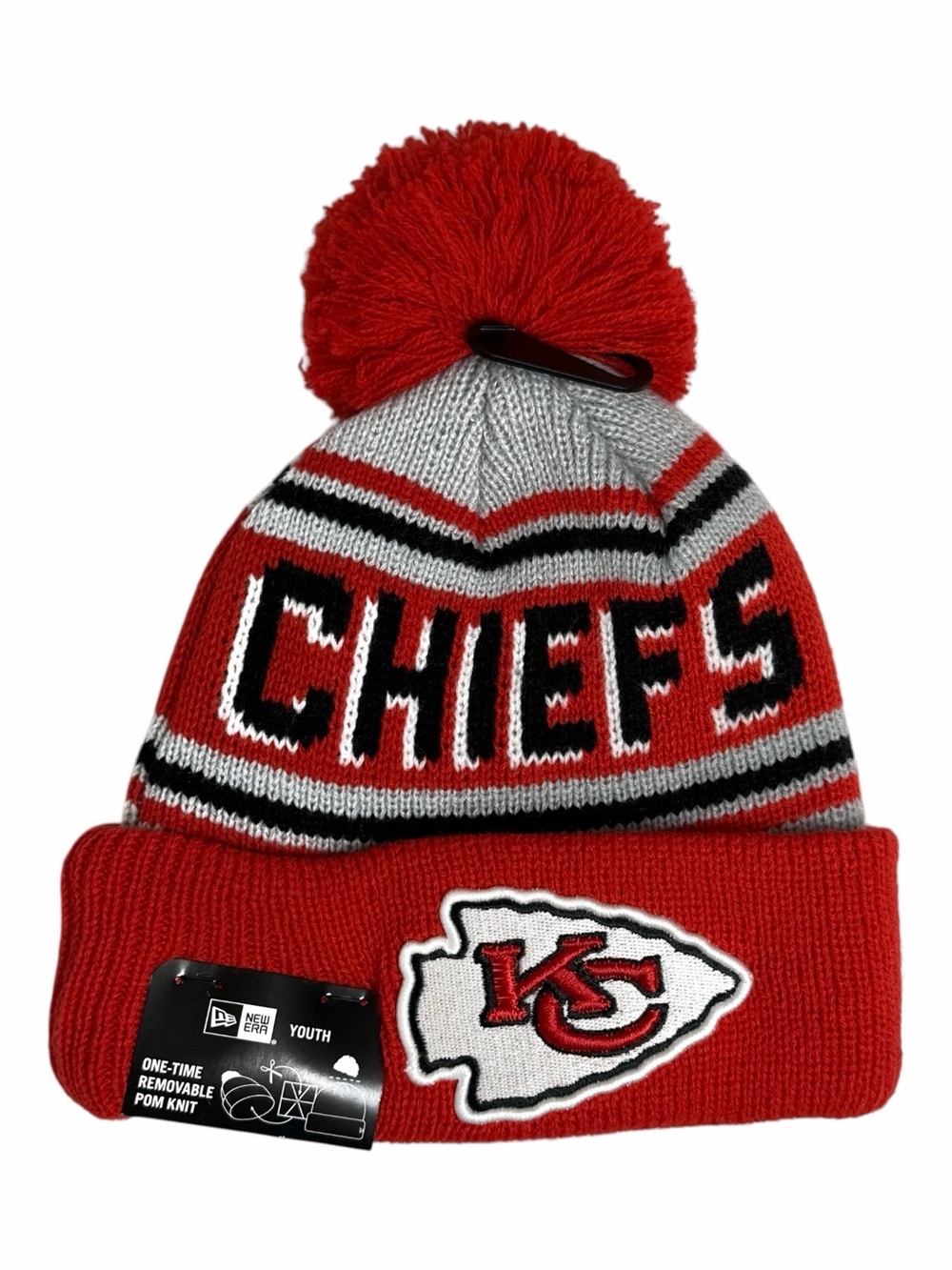 Youth New Era NFL Kansas City Chiefs Red Cuffed Knit Beanie Removable Pom NWT
